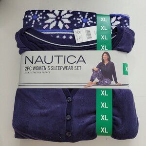 NEW Nautica 2Pc Womens XL Sleepwear Silky Stretch Fleece Purple Snowflake